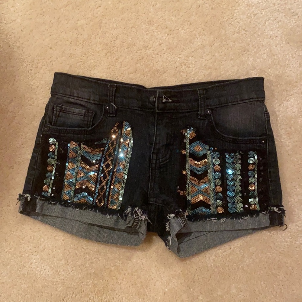 kids sparkly jean shorts size 14